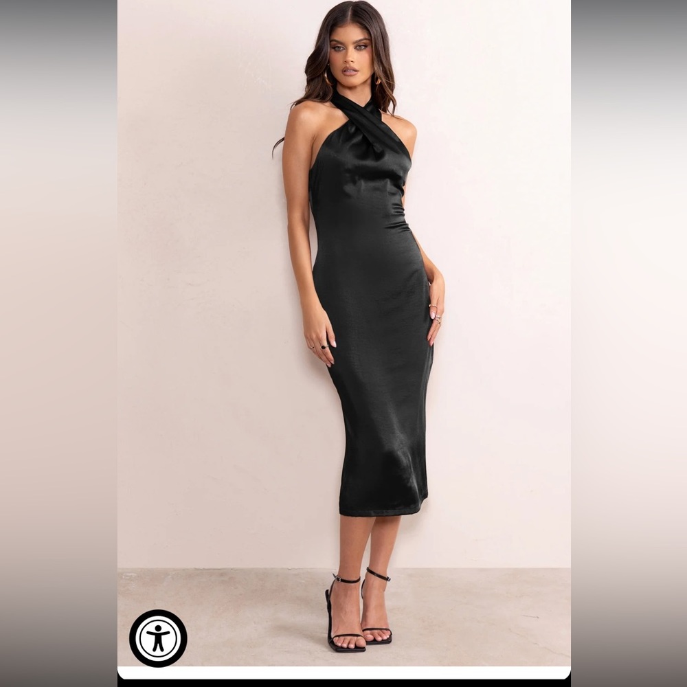 Club L London DAZZLING 
BLACK SATIN CROSS OVER HALTER NECK MIDI DRESS